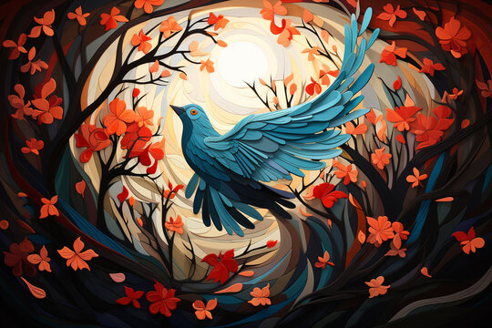 Abstract blue dove with flowers background on International Day of Neutrality, symbolizing the ideals of neutrality and worldwide tranquility - Powered by Adobe