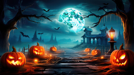 Fototapeta na wymiar Jack lanterns glowing in the moonlight, in a creepy Halloween night scene. Halloween Landscape - Table And Cemetery on A Creepy Night. Generative AI