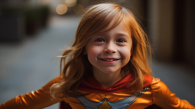 photograph of Funny cute girl in superhero costume. telephoto lens realistic natural lighting