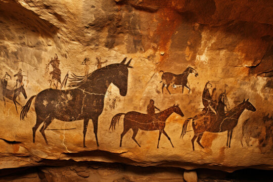 Old cave drawings of primitive people, stone age art, ancient history and archeology. Prehistoric cave with paintings.