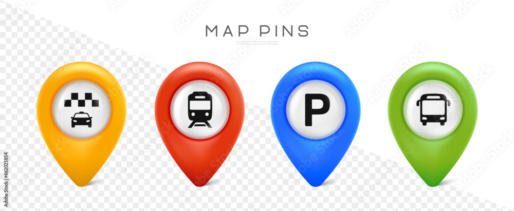 Poster map pin set. map pointer for parking, taxi, bus and tram station. map marks for gps point. vector ic