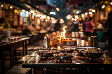 A bustling night market with colorful stalls and vibrant street food. Concept of local culture and culinary diversity. Generative Ai. - obrazy, fototapety, plakaty