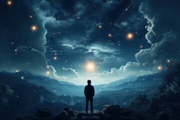Obraz premium A person gazing up at a starry night sky, contemplating the mysteries of the universe. Concept of wonder and cosmic exploration. Generative Ai.