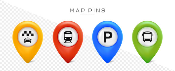 Map pin set. Map pointer for parking, taxi, bus and tram station. Map marks for gps point. Vector icons isolated on transparent background