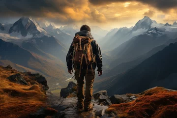 Foto op Canvas A determined hiker conquering a challenging mountain peak. Concept of perseverance and nature's grandeur. Generative Ai. © Sebastian