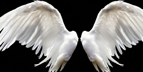 pair of white realistic angel wings with feathers isolated on transparent background angel b  - obrazy, fototapety, plakaty