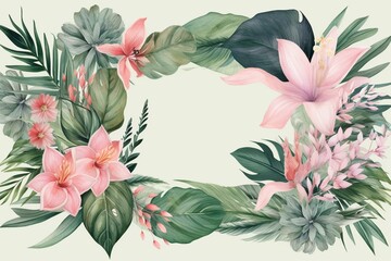 Floral arrangement with tropical flowers, leaves, and blush pink and green blossoms in a frame border. Generative AI