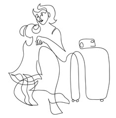 One line drawing of daughter greeting mother returning home with luggage.
One continuous line drawing of trip and  family concept.