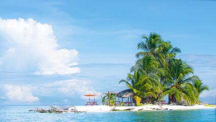 Small island with sandy beach and palm trees on the caribbean