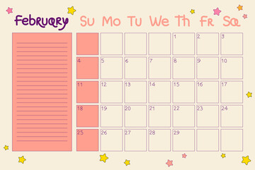 Retro calendar 2024. February. Planner with dates and notes in doodle style. Cute and cartoony design in hippie style. Vector illustration with editable stroke. Fun glider with stars