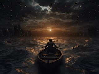 A man is steering a boat in the middle of a vast, endless river. with a dark background There are drops of water falling on the river, AI generator - obrazy, fototapety, plakaty