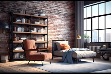 Spacious apartment loft bedroom interior with red brick wall