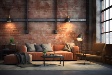 Spacious apartment loft living room interior with red brick wall