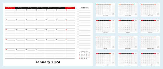 Vector Monthly Desk Pad Calendar, January 2024 - December 2024. Calendar planner with to-do list and place for notes. - obrazy, fototapety, plakaty