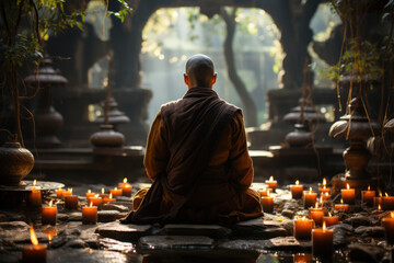 A contemplative monk meditating in a tranquil monastery garden. Concept of spirituality and inner peace. Generative Ai. - obrazy, fototapety, plakaty