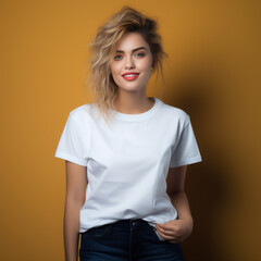 Fototapeta premium Jeune femme blonde souriante avec coiffure décoiffée sur fond jaune