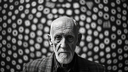Close-up black and white portrait of a senior man with deep-set eyes and pronounced wrinkles, set against a geometric patterned background. Evokes a sense of time and wisdom.