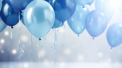 Blue balloons of different sizes and shapes floating in the air, arranged against a blue background.