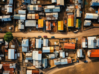 Aerial view of a densely packed informal settlement with colorful rooftops, sunlit streets, and vehicles, showcasing community and urban planning contrasts.