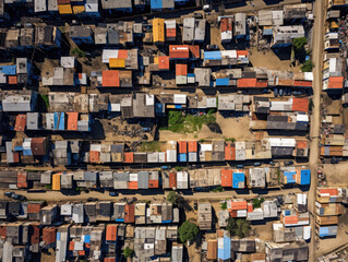 Aerial view of dense urban settlement with colorful rooftops, narrow streets, and vehicles, showcasing community living and architecture. Perfect for urban planning and housing concepts.