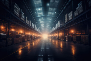 Obraz premium Vast modern warehouse with glowing lights, rows of stacked boxes, reflective floor, and a symmetrical perspective.
