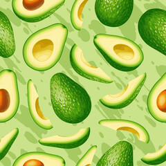  Avocado. Seamless avocado pattern on a green background. Whole and sliced avocado. The design is great for wallpaper, fabric, labels, packaging.