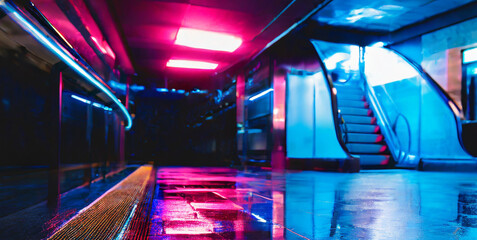 realistic underground subway station background with wet floors futuristic metro interior wi - obrazy, fototapety, plakaty