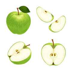Green apple. Set of green apples isolated on white background. Whole and sliced apple.