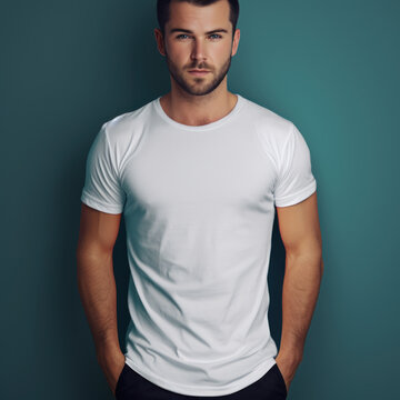 Portrait s&eacute;rieux d'un jeune homme athl&eacute;tique en t-shirt blanc sur fond turquoise