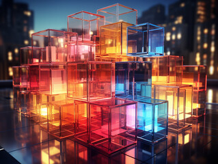 Viele wunderschöne bunte leuchtende Würfel aus Glas Teile in 3D als Hintergundmotiv im Querformat für Banner, ai generativ