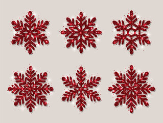 Set of snowflakes. Red glitter texture. Christmas decoration. Shining red snowflakes on a light background.
