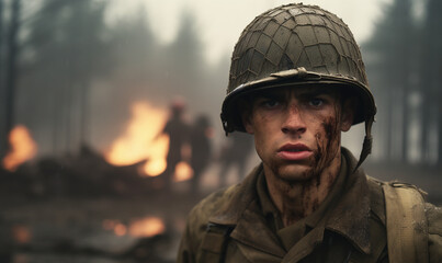 Obraz premium Portrait of a World War II American soldier in the battlefield - Generative AI