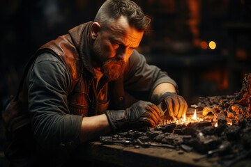 A resourceful blacksmith crafting intricate metalwork designs with skilled hands. Concept of metal craftsmanship and artistry. Generative Ai.