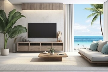 Luxury beach house living room with sea view, TV stand, wooden cabinet, and white concrete wall. Illustration of hotel interior. Generative AI