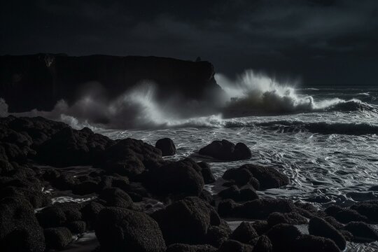 Night landscape of turbulent waves crashing against black rocks on a dark beach. Generative AI
