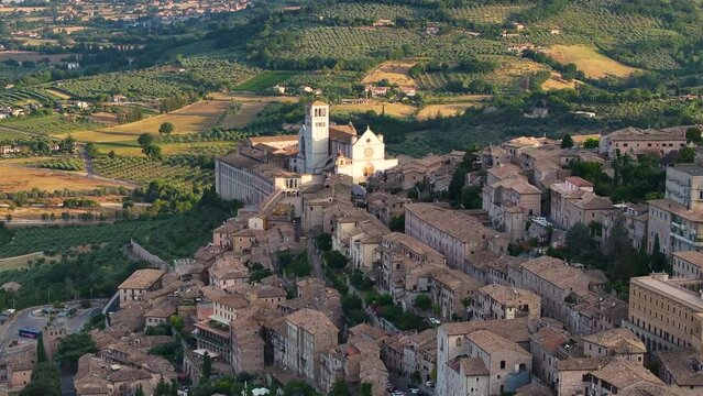 Elevated perspective, the Historic Saint Francis Basilica dominating Assisi skyline, Province of Perugia, Umbria, Italy