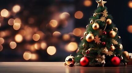 Fototapeta na wymiar Stunningly decorated christmas tree with lantern on blurred background