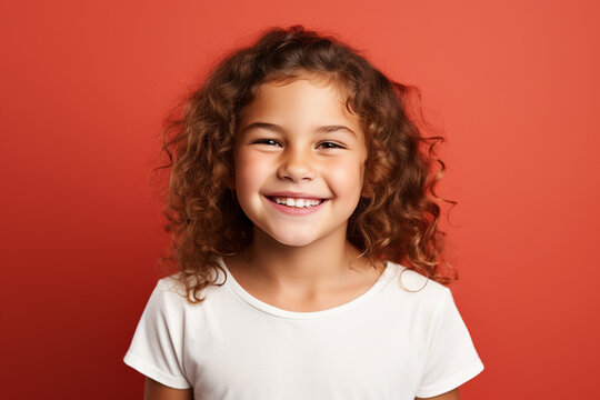 A Girl Smiling Looking At Camera On Solid Color Background. Space For Text