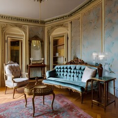A vintage, Victorian-era drawing room with vintage lace curtains, antique furniture, and ornate wallpaper patterns2, Generative AI