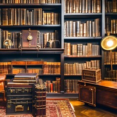 A steampunk-themed library with antique leather-bound books, brass fixtures, and vintage scientific instruments5, Generative AI