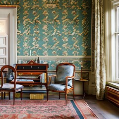 A vintage, Victorian-era drawing room with vintage lace curtains, antique furniture, and ornate wallpaper patterns4, Generative AI