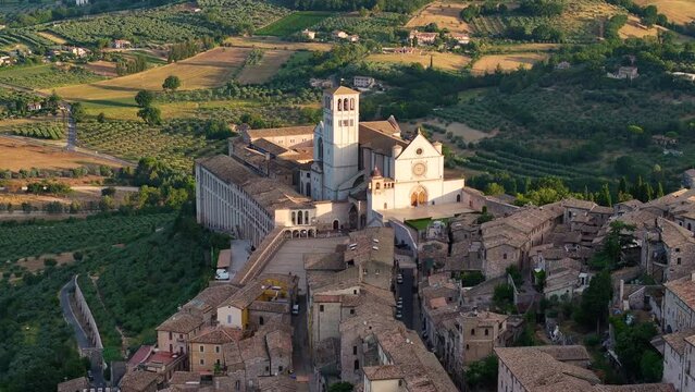 Aerial landscape of the Basilica of Saint Francis and town of Assisi in Perugia, Italy