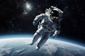 Astronaut s Journey: Floating Above Earth in the Vastness of Space, ai generative - obrazy, fototapety, plakaty