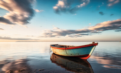 Lonely Boat On The Calm And Serene Blue Sea