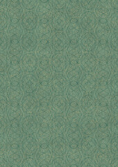 Hand-drawn unique abstract seamless ornament. Dark green on light cold green background, with splatters of golden glitter. Paper texture. Digital artwork, A4. (pattern: p10-2f)