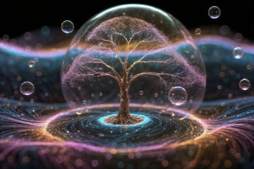 Der Baum, geh&uuml;llt in fl&uuml;chtigen Partikeln, erinnert uns daran, dass Sch&ouml;nheit oft in der Verg&auml;nglichkeit liegt (AI)