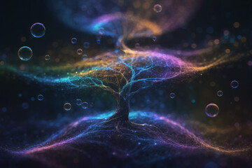 Der Baum, gehüllt in flüchtigen Partikeln, erinnert uns daran, dass Schönheit oft in der Vergänglichkeit liegt (AI)