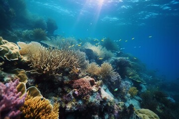 Naklejka na ściany i meble Underwater landscape inhabited by colorful marine life. Generative AI