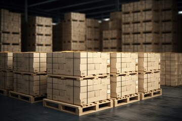CGI illustration of stacked boxes on pallet for shipping logistics. Generative AI