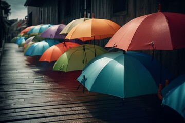 Rainy scene with colorful umbrellas and raindrops. Generative AI